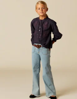 Fashion CAMISA AZUL BORDADO FLOR Camisas