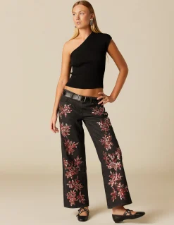 Discount PANTALÓN LENTEJUELAS GRANATE PLATEADO Denim|Pantalones