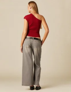 Store PANTALÓN LOW WAIST DOBLE BOTÓN GRIS Denim|Pantalones